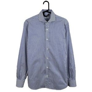 Mazzarelli Men's Button Up Shirt Long Sleeve Striped Blue White 44"